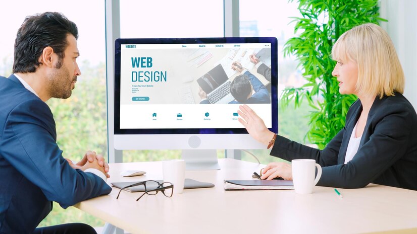 website template design on desktop, two people